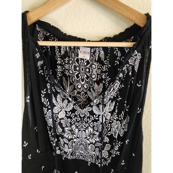 BILA Black and White Print Sleeveless Runched Waist 100% Rayon Midi Dress SZ XL - Picture 3 of 8